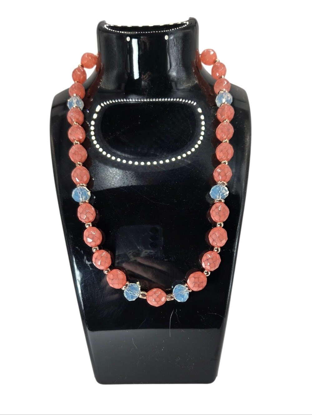 Artisan Made Fire Polished Czech Glass Peach With Opalite Necklace 16" + 3"